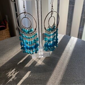 Stunning Silver & Blue Beaded Earrings - long, statement - attention grabber.